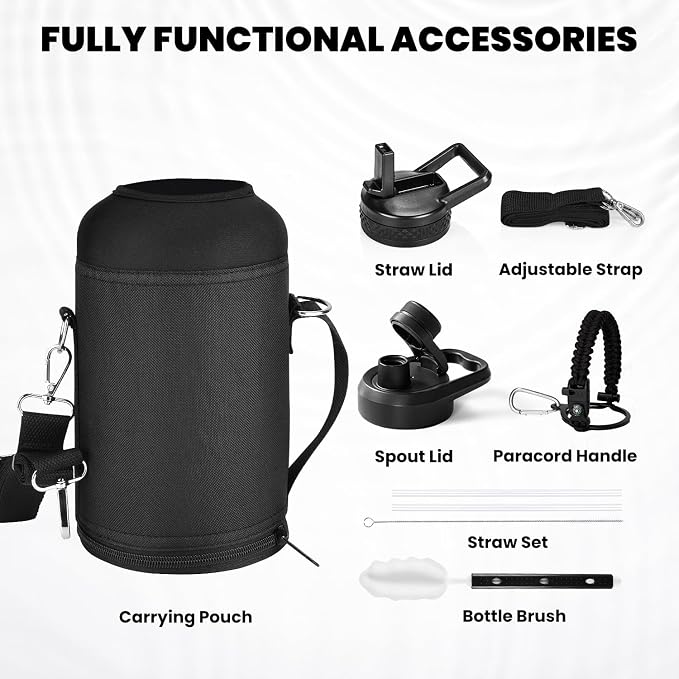 RAYMYLO Insulated Water Bottle 64 oz, Triple Wall Vacuum Stainless Steel (Cold for 48 Hrs), Leak Proof & Non-BPA, Half Gallon Water Flask Jug with Paracord Handle & Straw Spout Lids, Magic Black | (Cold for 48 Hrs), Leak Proof & Non-BPA, Half Gallon Wa...