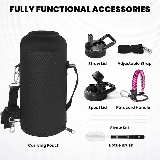 RAYMYLO Insulated Water Bottle 87 oz, Triple Wall Vacuum Stainless Steel | Cold for 48 Hrs), Leak Proof & Non-BPA, Modern Water Flask Jug with Paracord Handle & Straw Spout Lids, Ombre Pink