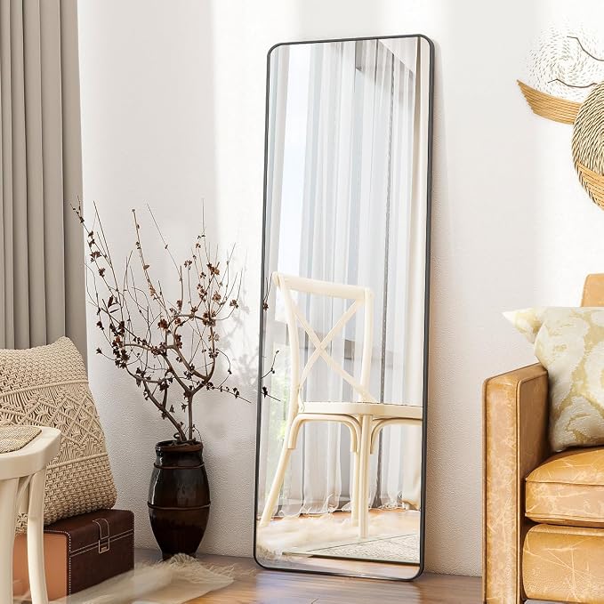 BEAUTYPEAK 59" x 16" Rounded Corner Full Length Mirror with Stand, Black | Aluminum Alloy Frame with Standing, Leaning, or Wall-Mounted, Ideal for Bedroom, Dressing Room, Entryway, and Living Room