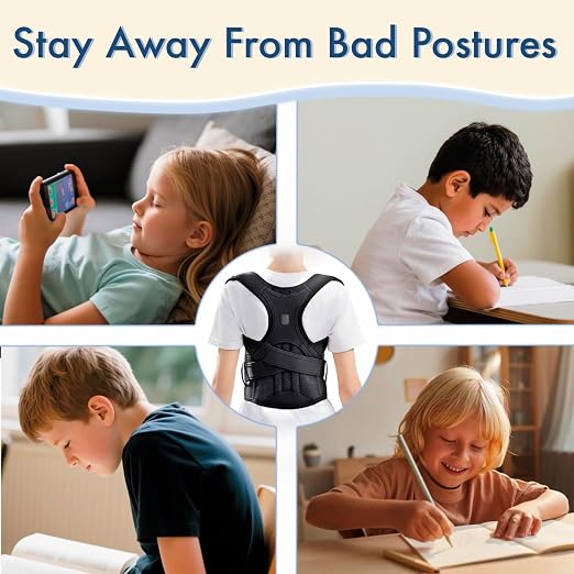 Back Brace Posture Corrector for Kids Teenagers Women, Adjustable Upper Back Straightener Lumbar Support Belt for Student Boys Girls Hunchback Scoliosis Pain Relief Spine Corrector (Black, Medium)
