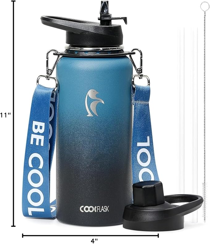 Coolflask 32 oz Water Bottle Insulated Stainless Steel with Strap | Metal Water Flask with Straw & Spout Lids, Triple-Wall, Cold 48+h, Dishwasher Safe, Leakproof, BPA-Free, for Gym & Hiking