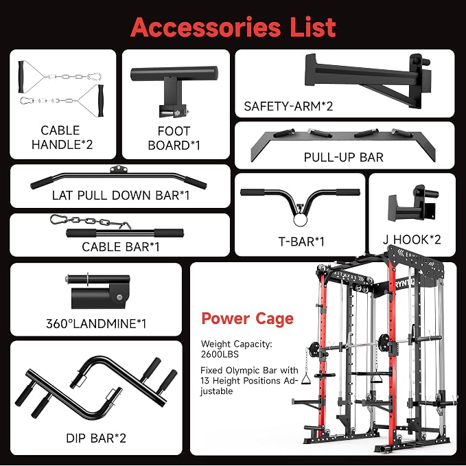 Power Rack, 2600 LBS Capacity Smith Machine for Home Gym Garage, All-in-One Power Cage with Cable Crossover, Heavy-Duty Squat Rack, 84'' Home Gym Equipment