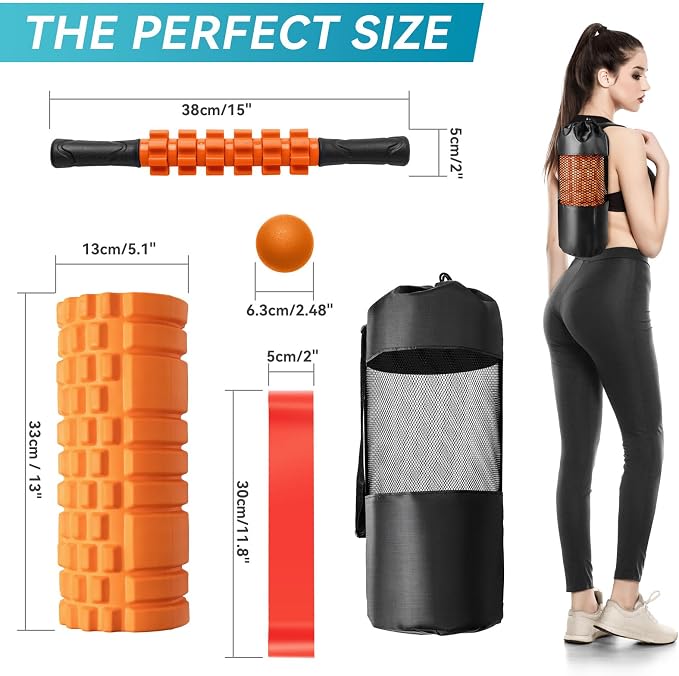 Krightlink 5 in 1 Foam Roller Set Trigger Point Exercise Foam Roller | Deep Tissue Muscle Massage Fitness Foam Roller, Massage Roller, Massage Ball, Stretching Strap, for Whole Body Orange