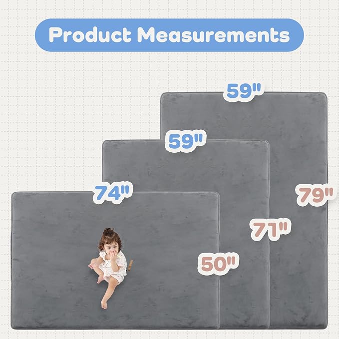 1.3" Thick Baby Floor Play Mat 59x71 Padded Foam Mat, Dark Grey | Memory Mat for Baby to Play on Floor Waterproof Easy Care with Non-Slip Tummy Time Play Mat for Nursery Playroom Classroom