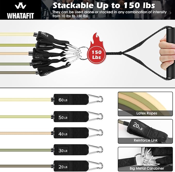 WHATAFIT Resistance Bands with Handles, 5-Level Exercise Bands for Workout | Natural latex,10-50 lbs, stackable to 150,Ankle Straps, Door Anchor,Guide. For Strength, Yoga,Home Gym,Travel & Workout.