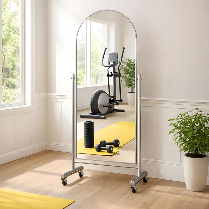 Arched Full Length Rolling Mirror on Wheels, 65"Lx24"W Large Modern Tilting Swivel Mirror with Tempered Glass & Metal Frame, Use for Dressing,Dance Studio,Fitness,Home Gym, Barbershop (Silver)