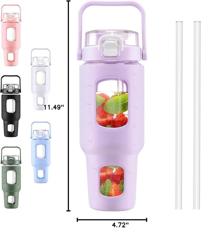 BLUEGO 40 oz Glass Water Bottles with Straw Time Marker, Glass Tumbler with Handle Top Lids, Easy to Clean, Fits in Car Cup Holder, Leakproof Jug for Gym, Sports, Workout & Daily, Purple
