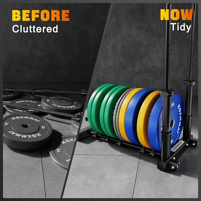 GXMMAT Horizontal Olympic Weight Plate Rack | 330lbs Capacity Powder-Coated Steel Frame | 4 Plate Storage Slots + 2 Barbell Holders | Adjustable Slot Spacing | Includes Wheels & Non-Slip Handles