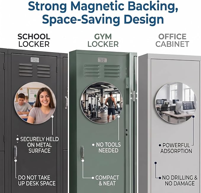 7" Magnetic Locker Mirror, Round Acrylic Mirror with Adhesive Magnetic Backing, Shatter-Resistant Lightweight Design, Portable Mirror for Dorm, Gym Locker, Office Cabinet, Travel