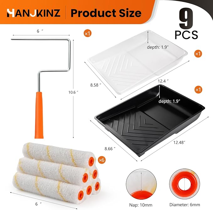 6 Inch Small Microfiber Paint Roller Kit, 9 Pcs | Microfiber Paint Roller Covers, Paint Tray with Liner, Mini Paint Roller, for Painting Wall, Door, Cabinet