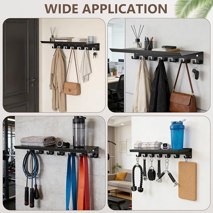 Floating Shelf Organizer, Space Saving Home Gym Storage Rack,Black | Workout Metal Holder with Hooks, Multi Purpose Wall Shelves for Fitness Equipment, Towel, Water Bottle