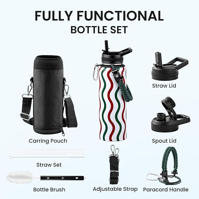 RAYMYLO Insulated Water Bottle 40 oz, Triple Wall Vacuum Stainless Steel | (Cold for 36Hrs, Hot for 18Hrs), Leak Proof & Non-BPA, Modern Water Flask Jug with Paracord Handle & Straw Spout Lids