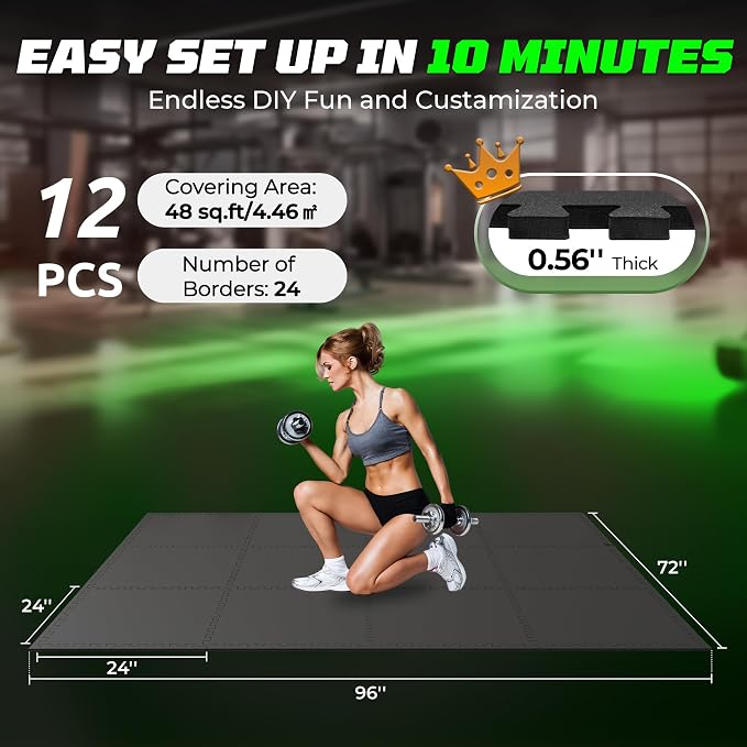 PRAISUN 0.56" Rubber Top Gym Flooring, Heavy Duty Interlocking Gym Mats for Home Gym, Non-Slip Workout Mat, 24 x 24in Large Gym Floor Mat, Protect Floors from Weights & Equipment, 48 Sq Ft, Pure Black