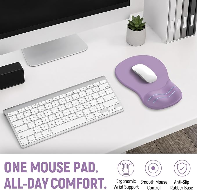 Ergonomic Mouse Pad with Wrist Rest, Gel Wrist Support, Purple | 10.2 x 7.6 in Mouse Pad with Smooth Fabric Surface and Non-Slip Rubber Base for Office, Home, Study, and Gaming