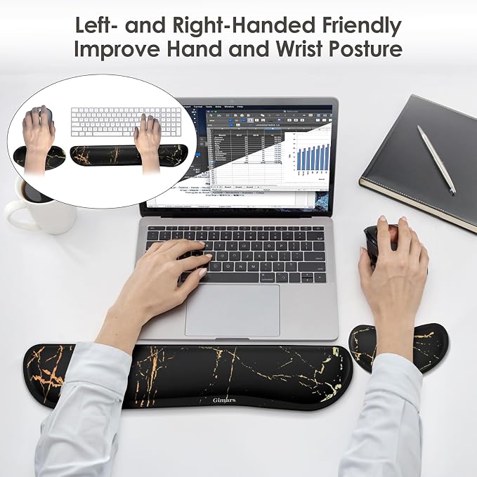 Gimars Upgrade Enlarge Gel Memory Foam Set Keyboard Wrist Rest Pad, Mouse Wrist Cushion Support for Office, Computer, Laptop, Mac, Comfortable, Lightweight for Easy Typing Pain Relief,Marbling