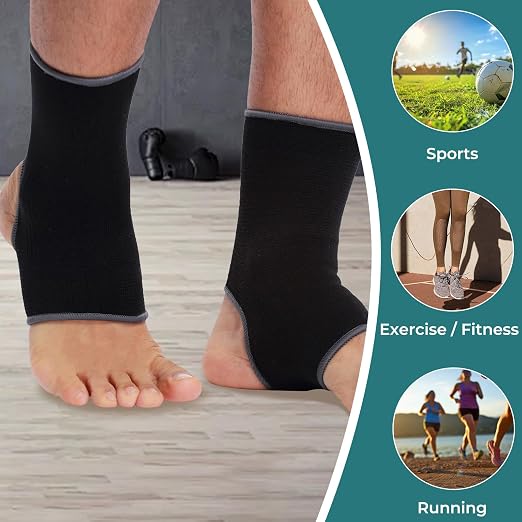 NEOTech Care Ankle Support Sleeve (1 Pair) - Open Heel, Light, Elastic & Breathable Knitted Fabric - Medium Compression - For Men, Women, Kids - Right or Left Foot - Black Color (Size S)