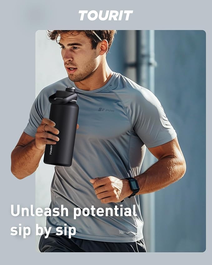 TOURIT 24 oz Insulated Stainless Steel Water Bottle, Obsidian | Double-wall vacuum thermal flask with top handle, leakproof & BPA-free design for sports, gym, hiking & travel use