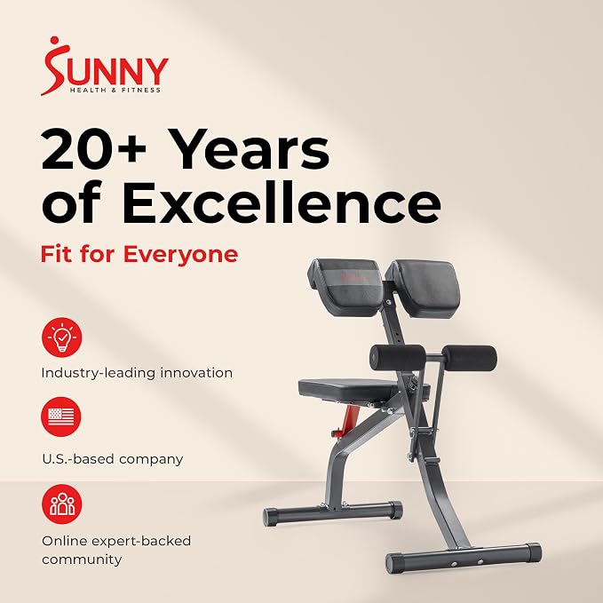 Sunny Health & Fitness Foldable Roman Chair, Back Hyperextension Bench | Adjustable Height, Folds Flat for Storage, Built in Dip Station, Targets Back, Abs & Core, Crunches & Back Extensions