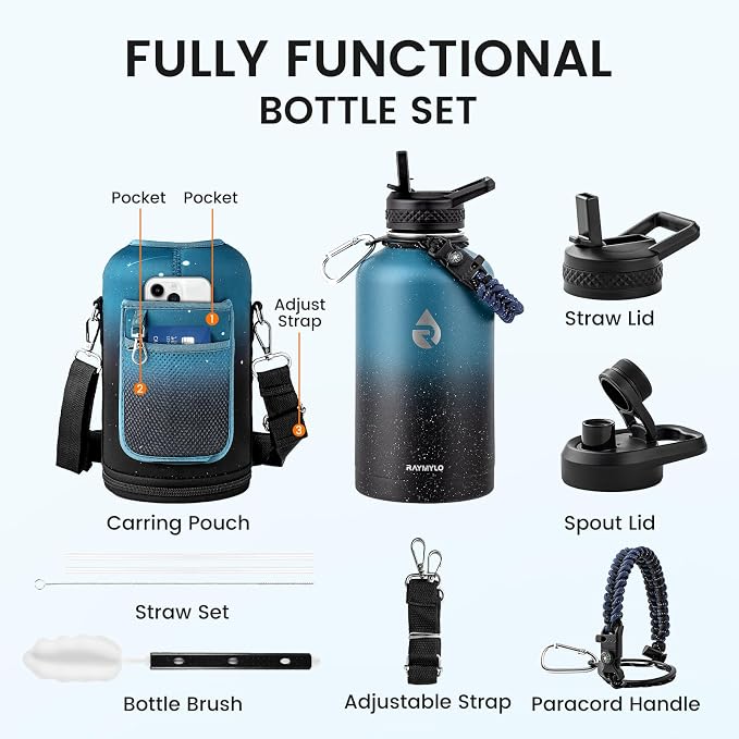 RAYMYLO Insulated Water Bottle 64 oz, Triple Wall Vacuum Stainless Steel | (Cold for 48 Hrs), Leak Proof & Non-BPA, Half Gallon Water Flask Jug with Paracord Handle & Straw Spout Lids
