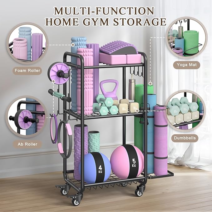 Multi-Functional Home Gym Storage Rack with Wheels and Hooks | Gym Equipment Storage for Dumbbells Kettlebells Yoga Mat, All-in-One, Space Saving, Easy to Assemble