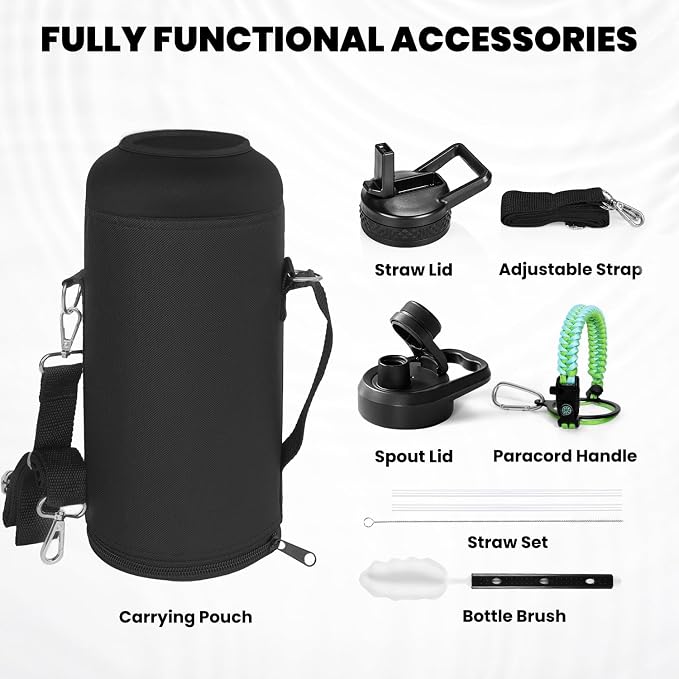 RAYMYLO Insulated Water Bottle 87 oz, Triple Wall Vacuum Stainless Steel | Cold for 48 Hrs), Leak Proof & Non-BPA, Modern Water Flask Jug with Paracord Handle & Straw Spout Lids, Ombre Green