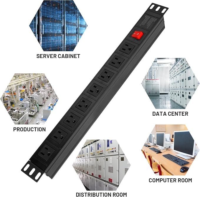BTU 2PCS Power Strip Surge Protector Rack-Mount PDU, 8 Right Angle Outlets Wide-Spaced, Mountable Power Strip Heavy Duty for Server Racks, Commercial, 300J (Black 6FT)