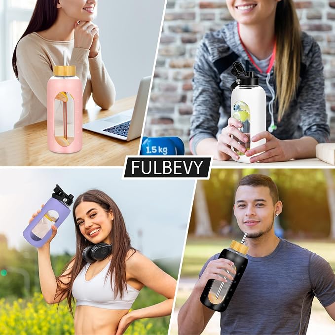 FULBEVY Glass Water Bottles 64 oz - Half Gallon Large Motivational Daily Water Intake Bottle Time Marker - Glass Water Bottle With Straw, Silicone Sleeve 2 Lids, Handle Spout & Bamboo Lid(Black)