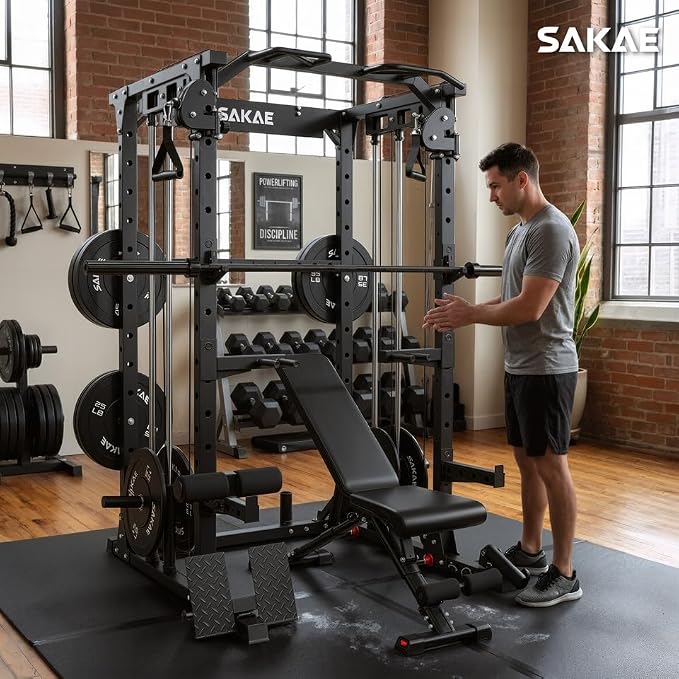 SAKAE Squat Rack with Cable Crossover System, Power Rack with LAT Pull Down, Pull-Up Bar, Dip Bars, Weight Bench, 260 LB Bumper Plates, 7 FT Olympic Bar & Training Attachments, Multiple Options