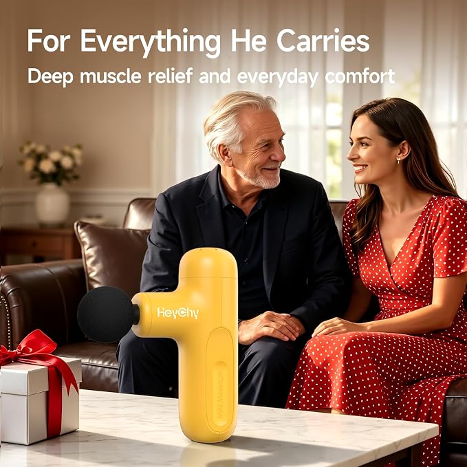 HEYCHY Super Mini Massage Gun Deep Tissue, Handheld Muscle Massager with 4 Heads, Percussion Travel Size Massager Gun FSA Eligible for Men Women Back Relief, Quiet for Home, Gym, Office, HSA, Yellow