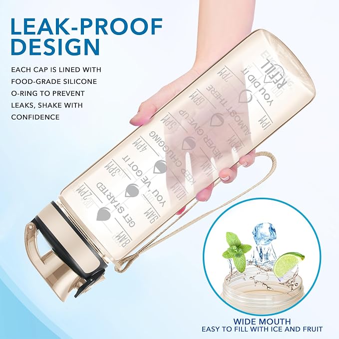 Enerbone Water Bottle, Leakproof BPA & Toxic Free, Motivational Water Bottle with Times to Drink and Straw, Fitness Sports Water Bottle with Strap for Office, Gym, Outdoor Sports