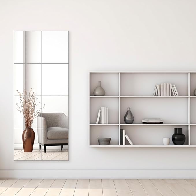 Wall Mirrors, 14''x 12'' Glass Wall Mirror Tiles (8 PCS), Large Full Body Mirror for Home Gym, Bedroom, Door, Bathroom, Frameless Mirror Tiles (Glass - 14'' x 12'' - 8PCS)