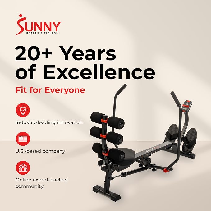 Sunny Health & Fitness Smart Full Motion Rower | 12 Resistance Levels, Dual-Arm Design, SunnyFit App Connectivity, 400 LB Capacity, Optional Back-Assist Core Trainer