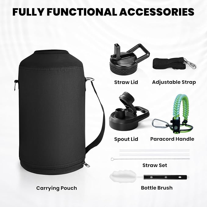 RAYMYLO One Gallon Water Bottle Insulated, Triple Walled Vacuum Stainless Steel (Cold for 48 Hrs), Leak Proof & Non-BPA, Large Water Flask Jug with Paracord Handle & Straw Spout Lids