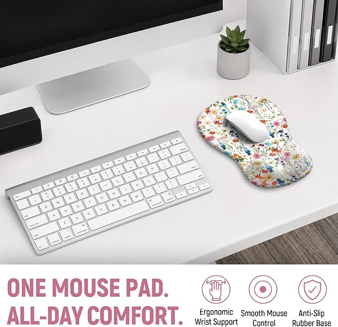 Ergonomic Mouse Pad with Wrist Rest, Gel Wrist Support, Wildflowers | 10.2 x 7.6 in Mouse Pad with Smooth Fabric Surface and Non-Slip Rubber Base for Office, Home, Study, and Gaming