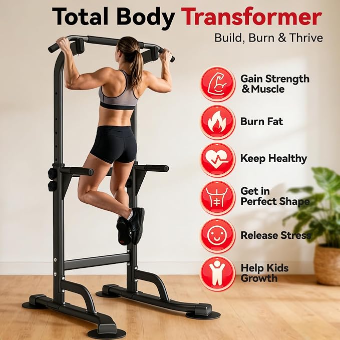 WATBKHE Power Tower Pull Up Dip Station Foldable, Pull Up Bar Station Adjustable, Multi-Function Home Gym, Strength Training Fitness Equipment, Triangular Design, for Home Outdoor