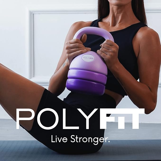 Polyfit Adjustable Kettlebell | 5 lb - 12 lb | Kettlebells Weights Set for Home Gym | Kettle Bell Sets for Women at Home | 3-in-1 adjustable design, 5/8/12 lb settings, non-slip PE coating, compact home gym storage, workout guide included