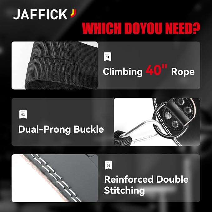 Jaffick Leather Weight lifting belt & 2-in-1 Dip Belt with Rope for Weightlifting Pull Up Gym Powerlifting Squat Bodybuilding Waist Support for Men Women