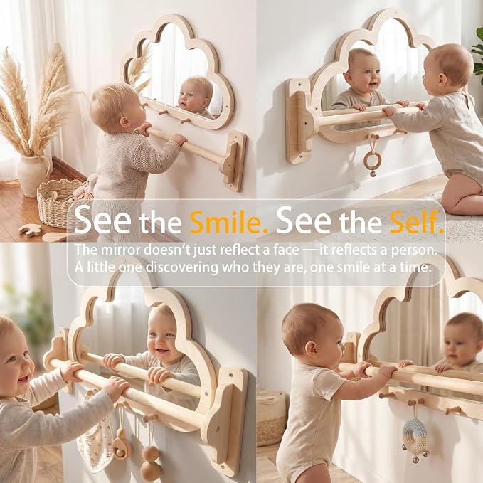 Montessori Baby Mirror with Pull Up Bar, Shatterproof Toddler Pull to Stand | Cloud-shaped wooden pull to stand toy gym, CPC safe infant gift for nursery wall, ages 6-18 months.