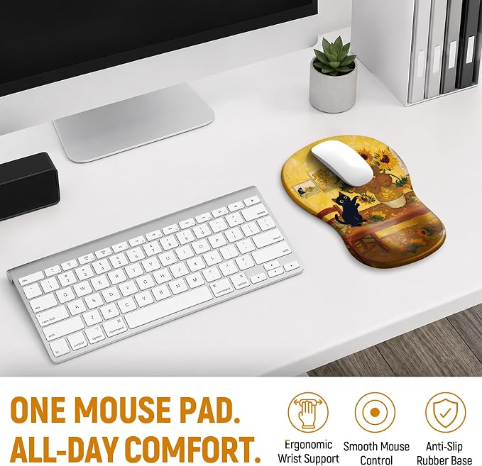 Ergonomic Mouse Pad with Wrist Rest, Gel Wrist Support, Sunflower | 10.2 x 7.6 in Mouse Pad with Smooth Fabric Surface and Non-Slip Rubber Base for Office, Home, Study, and Gaming