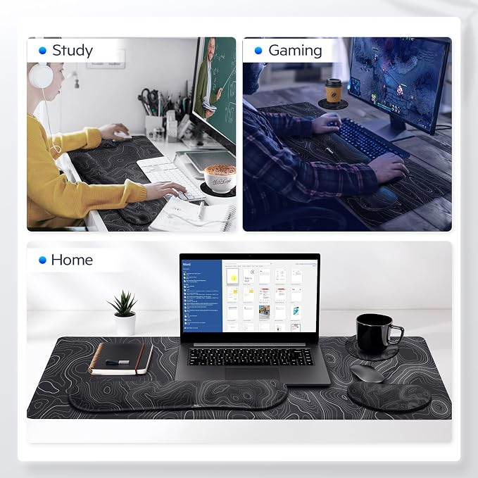 Gimars 4 in 1 Mouse Pad and Keyboard Wrist Rest Set, Large Mouse Pad with Memory Foam Wrist Support Pad for Desk with Coaster, Easy Typing Pain Relief, Gaming Office Home 31.5x12 in, Topographic Map