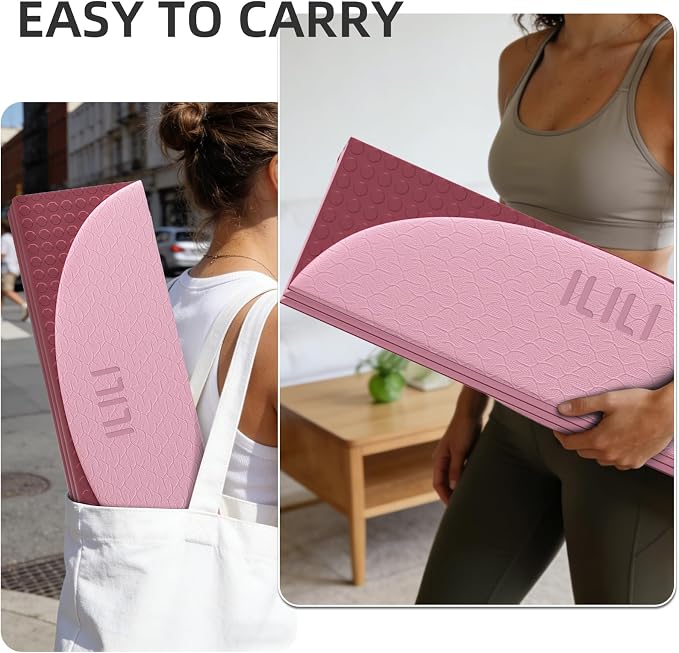 ILILI Foldable Yoga Mat-Semicircular, 10mm Thick, TPE Material, Extra Long 75"L x 26"W, Soft and Comfortable Folding Oval Mat 0.4 Inches, Easy to Carry and Store, 190*66cm Portable Multi-Functional Use for Yoga, Home Exercise & Outdoor