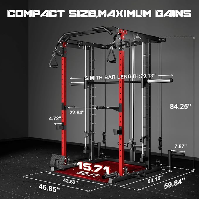 S1-V4 Smith Machine, 2000LBS Power Cage with Cable Crossover System, All-in-One Squat Rack with Smith Bar, Strength Training Equipment for Home Gym
