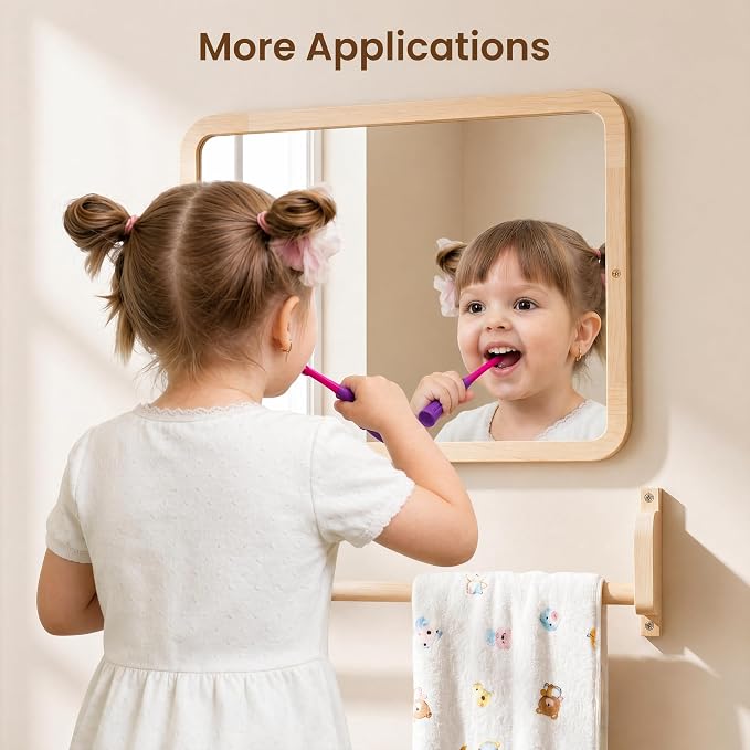 Woodtoe Montessori Mirror with Bar, Adjustable Baby Pull to Stand Toys 6M+ | Natural Solid Wood Frame & Baby Pull Up Bar, Infant Coordination Toddler Mirror, Developmental Toys for Baby 6-18 Months