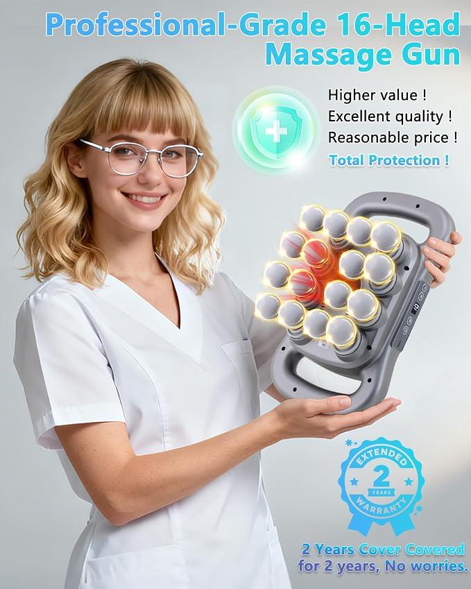 UFFAE 16-Head Massage Gun, Deep Tissue Percussion Massager with 9 Modes & 9 Intensities, 2600mAh Battery Back Bassager for Pain Relief Deep Tissue for Muscle Pain Relief in Back, Legs, Shoulders