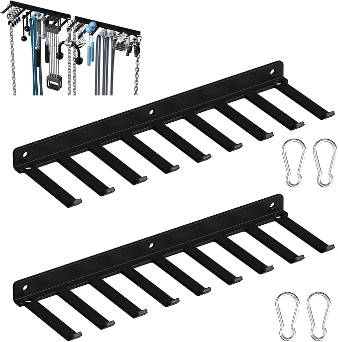 Home Gym Accessories Storage Wall Rack with Sturdy Hooks, Carabiner Clips | Heavy Duty Home Gym Equipment Storage Rack Wall Mount for Resistance Bands, Cable Attachments,Lifting Belts,Jump Ropes,Chains