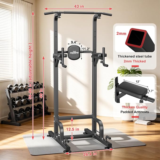 RELIFE REBUILD YOUR LIFE Power Tower Pull Up Bar Station Workout Dip Station for Home Gym Strength Training Fitness Equipment