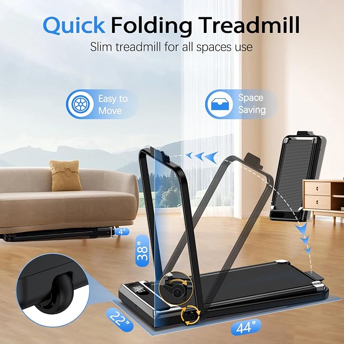 Walking Pad Treadmill for Home - 3.0HP Tread Mills with with 9% Incline, Compact Walk Pad Running Machine Handle Bar Indoor Foldable for Small Spaces Under Desk Office