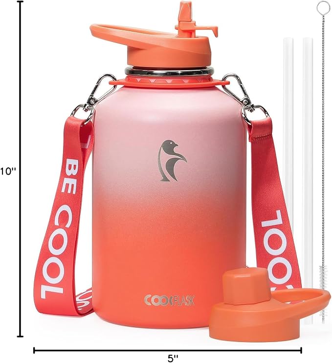 Coolflask Half Gallon Water Bottle Insulated Stainless Steel with Strap | 64 oz Large Water Jug with Straw & Spout Lids,Triple-Wall, Cold 48+h,Dishwasher Safe, Leakproof, BPA-Free,for Gym & Hiking