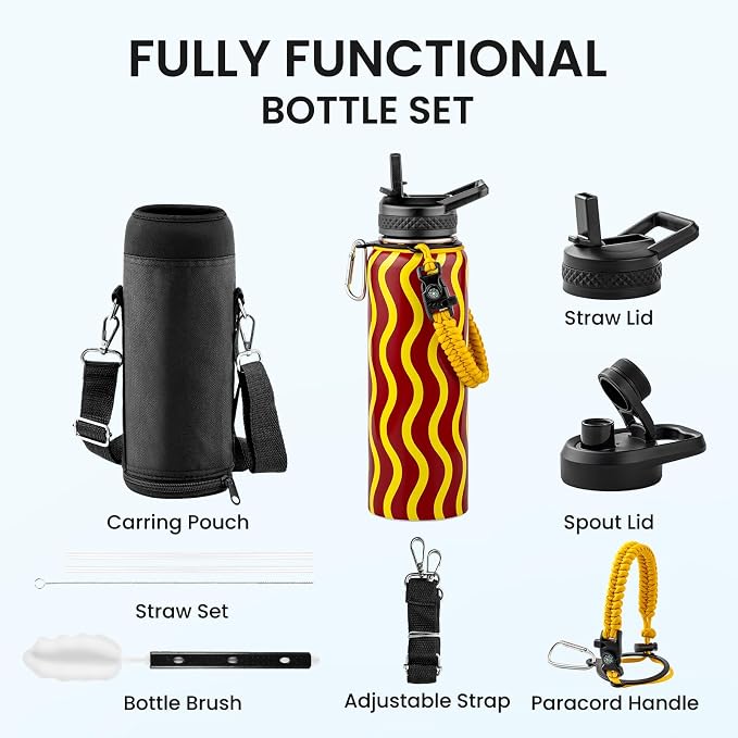 RAYMYLO Insulated Water Bottle 40 oz, Triple Wall Vacuum Stainless Steel | (Cold for 36Hrs, Hot for 18Hrs), Leak Proof & Non-BPA, Modern Water Flask Jug with Paracord Handle & Straw Spout Lids