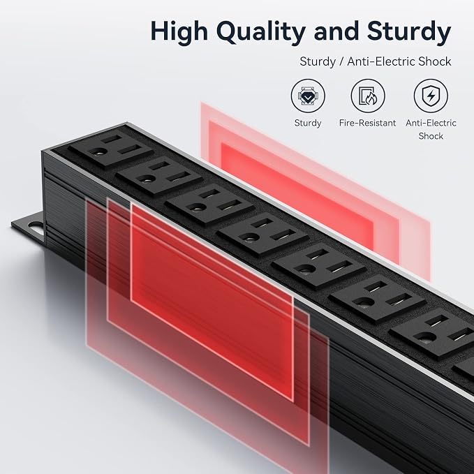 Heavy Duty Power Strip,8 Outlet Metal Power Strips Wall Mount, 1.6 inch Wide Spaced Industrial Surge Protector, Garage Outlet for Shop Workshop Power Strip with Switch & 6 FT Extension Cord, 300J